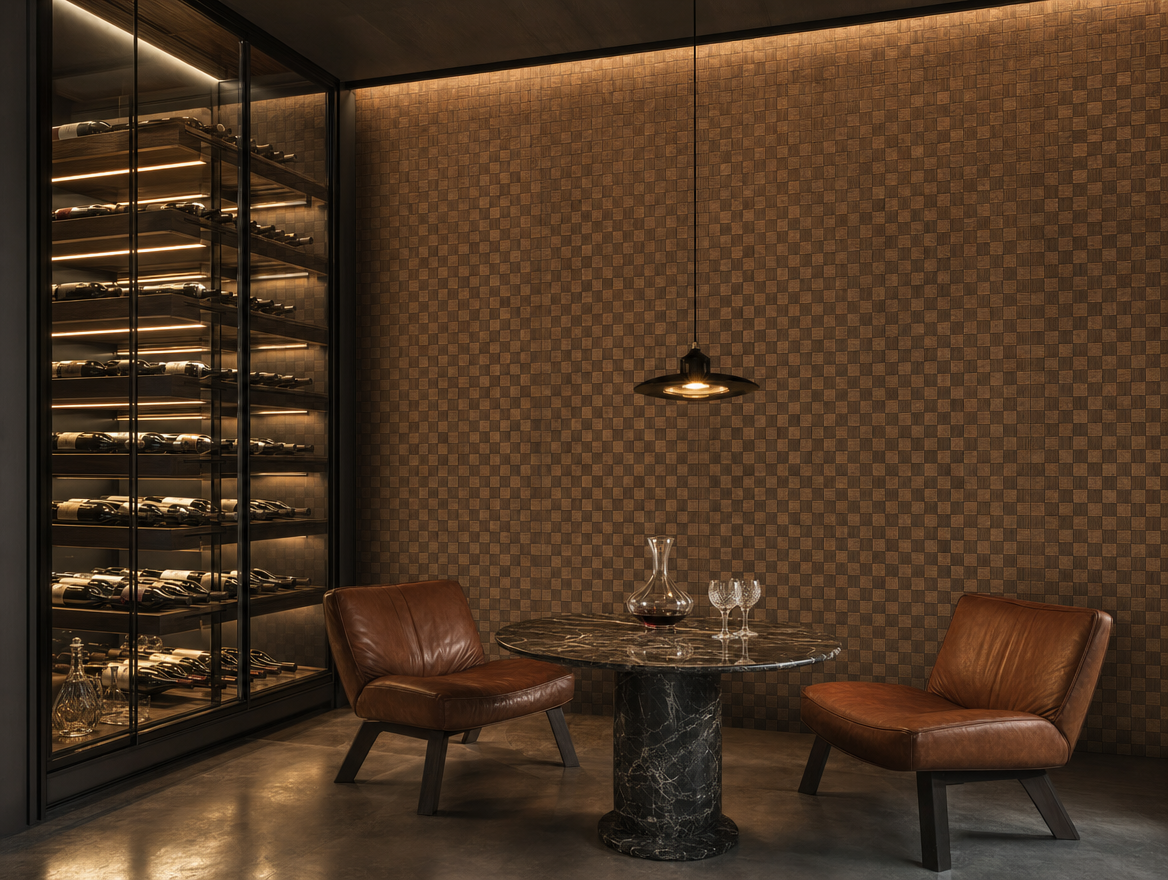 Checkers embossed feature wall in a luxury wine lounge