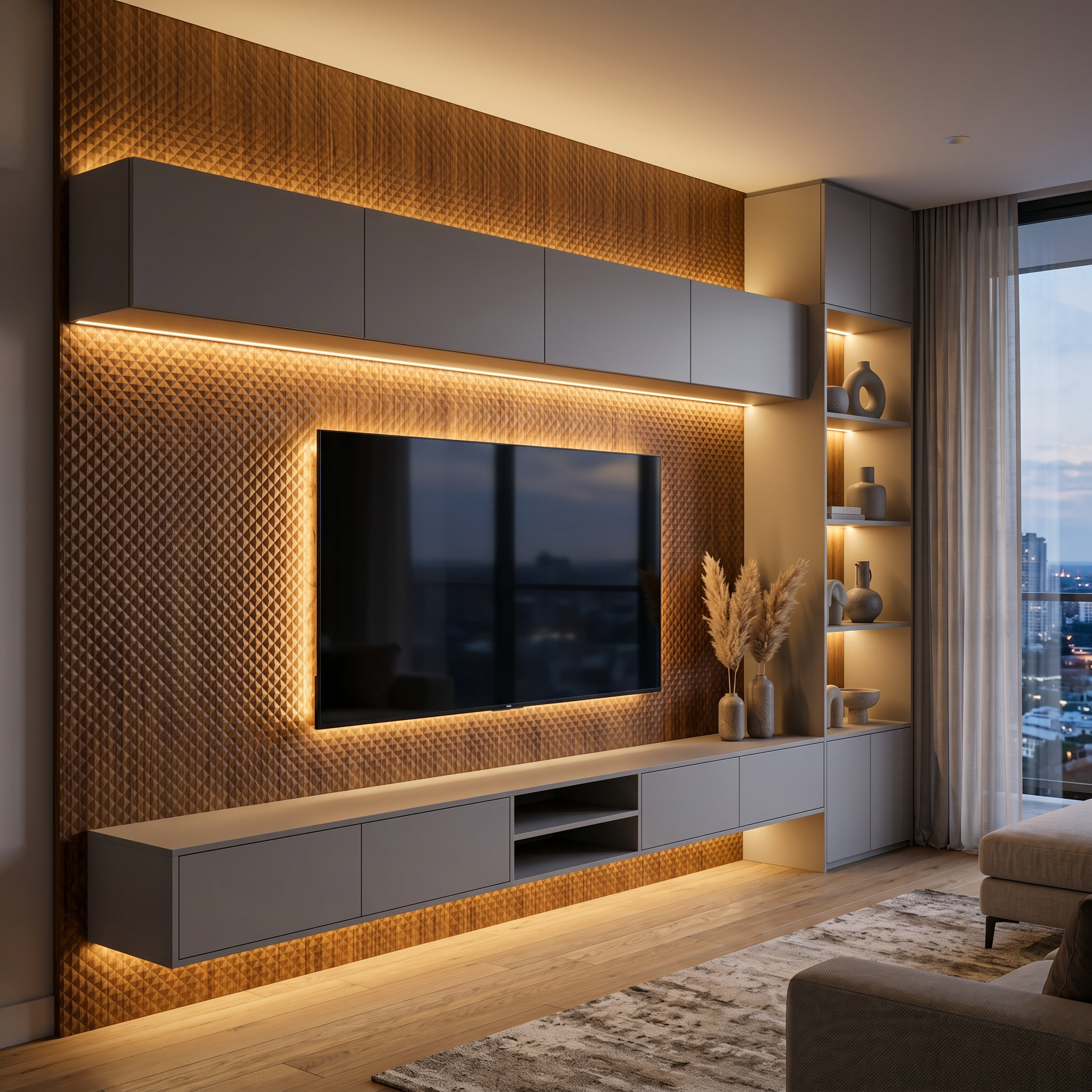 Embossed feature wall in a warmly lit contemporary living space